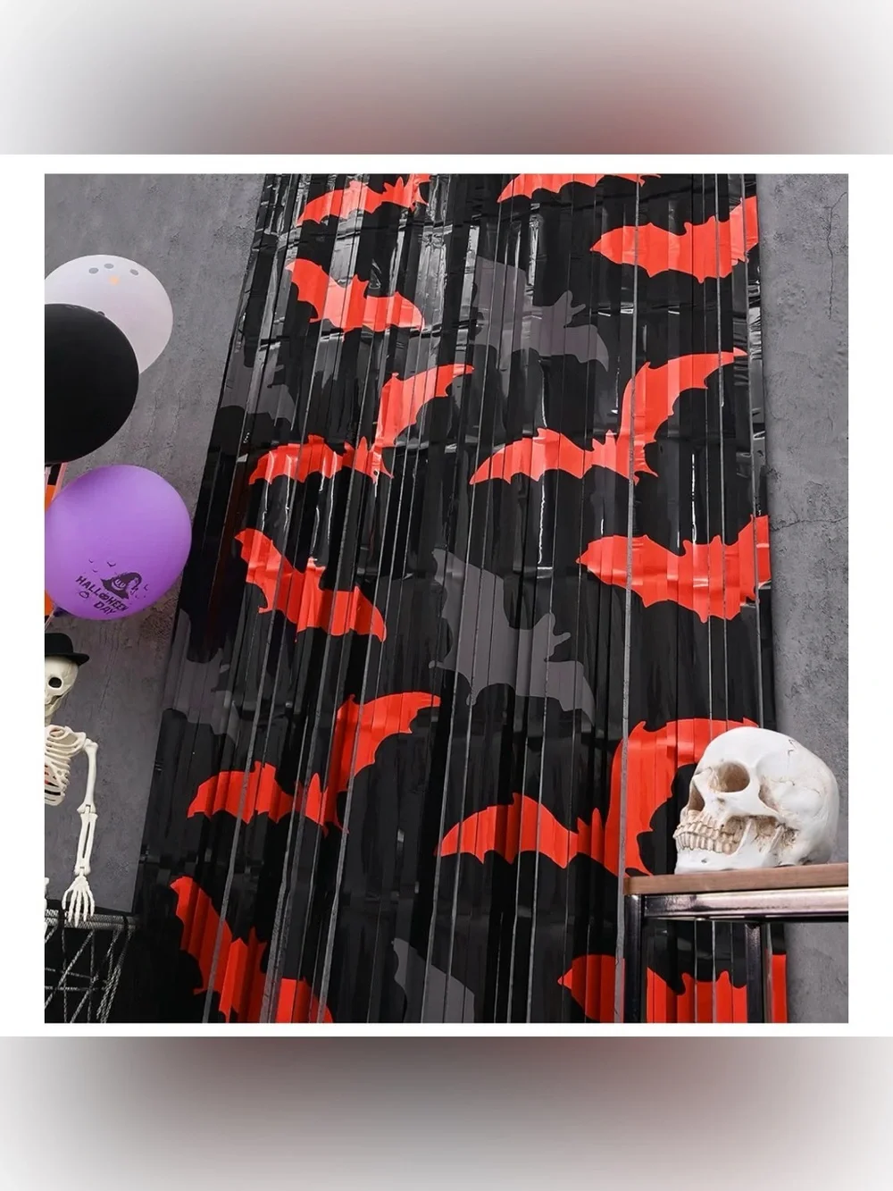 Halloween Red and Black Bat Fringe Door Curtain - Party Backdrop